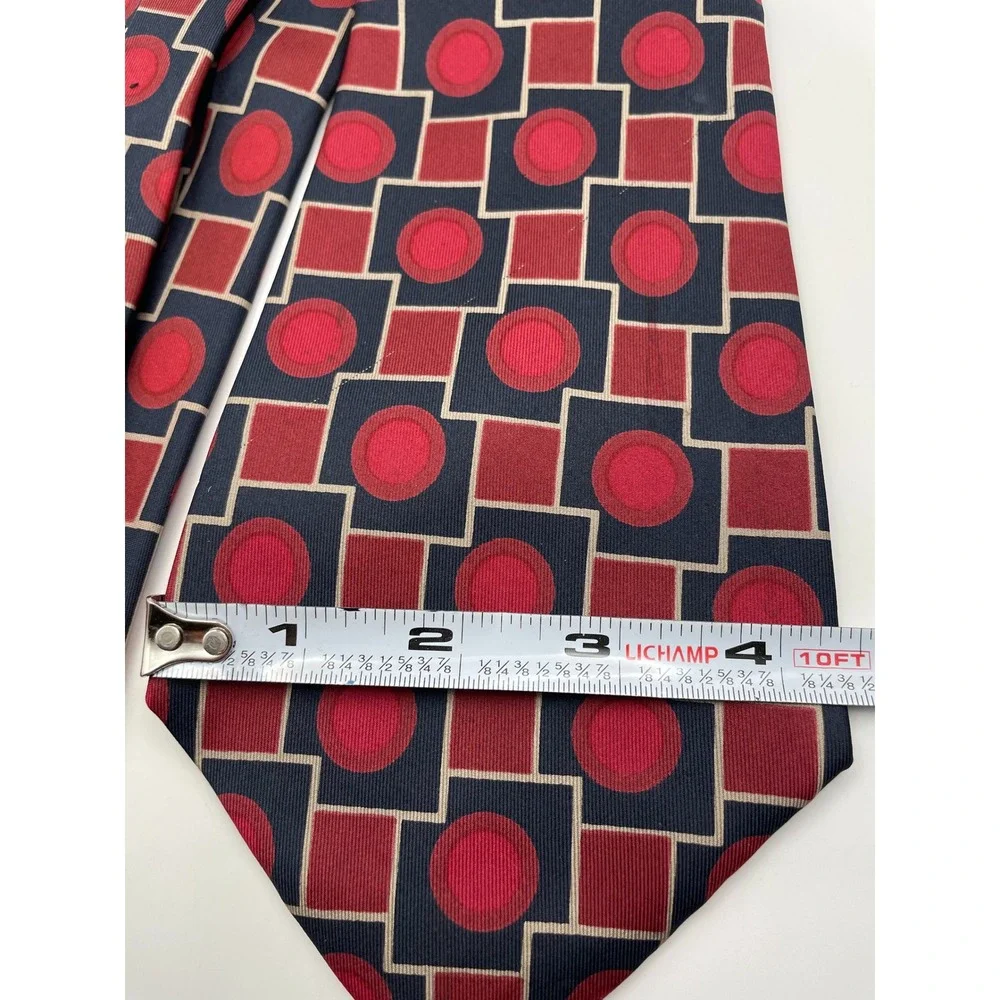 Yves Saint Laurent Paris Silk Tie Red Navy Geometric Squares Circles France